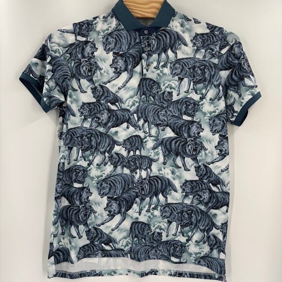 Greyson Mens XL Gray Blue Wolf Patterned Short Sleeve Golf Polo Shirt - Picture 5 of 6